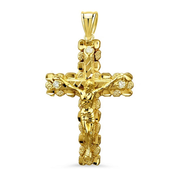 14KT Yellow Gold 42MM Nugget Crucifix Cross Pendant-Chain Not Included