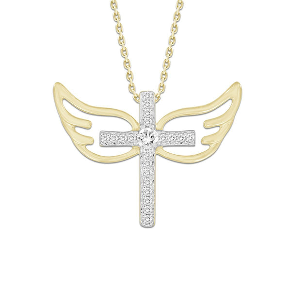 10KT Yellow Gold 1/10 CTW Diamond 15X20MM 18" Cross Angel Wings Pendant