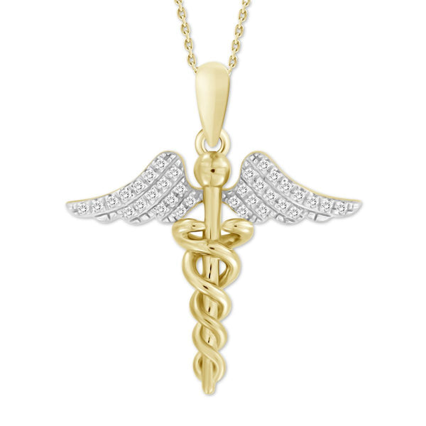 10KT Yellow Gold 1/10 CTW Diamond 24MM 18" Angel Wings Caduceus Nurse Pendant