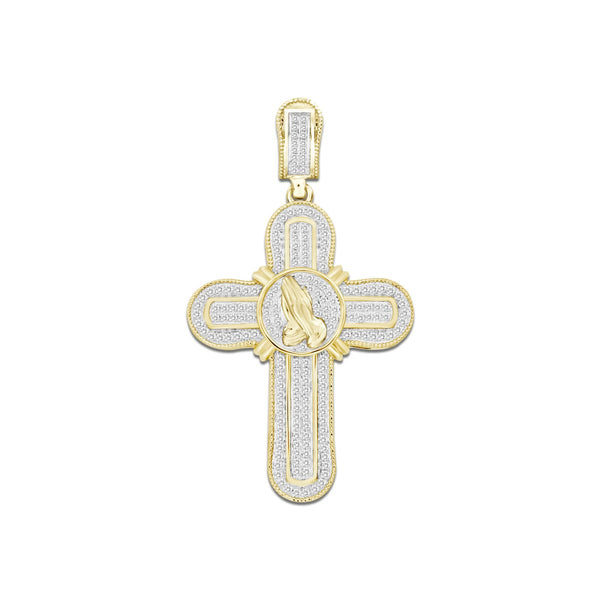 10KT Yellow Gold 1/2 CTW Diamond 47X26MM Praying Hand Cross Charm