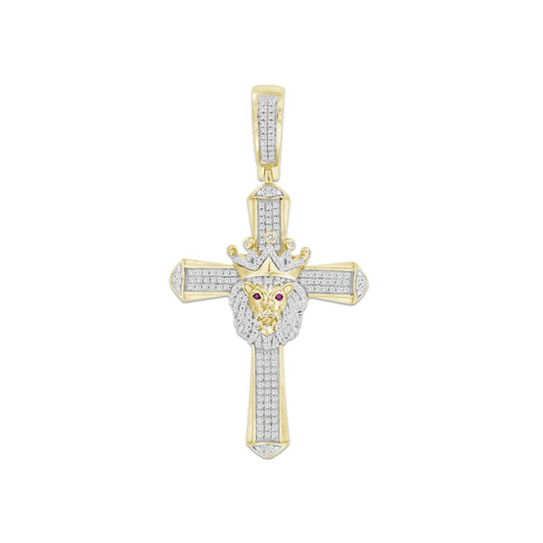 10KT Yellow Gold 1/2 CTW Diamond 56X30MM Cross Crown Lion Charm