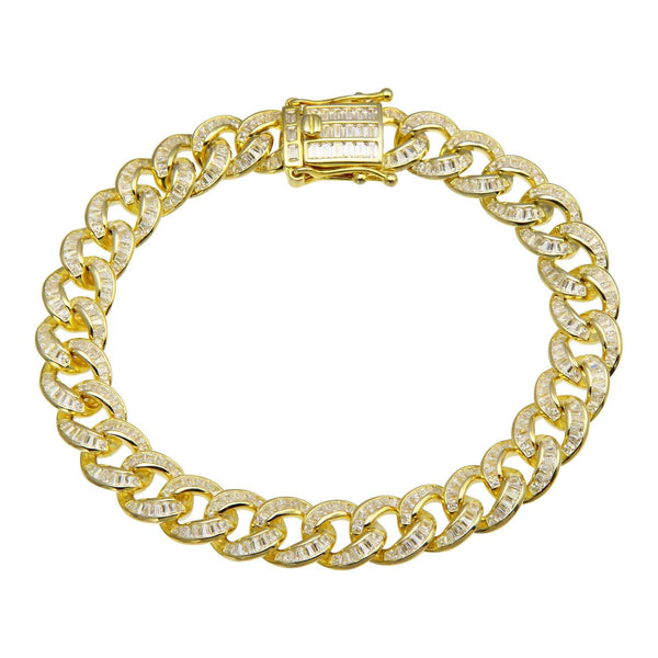 Luxe Layers 14KT Yellow Gold Plated Sterling Silver Baguette Cubic Zirconia 8.5" 10.3MM Curb Bracelet