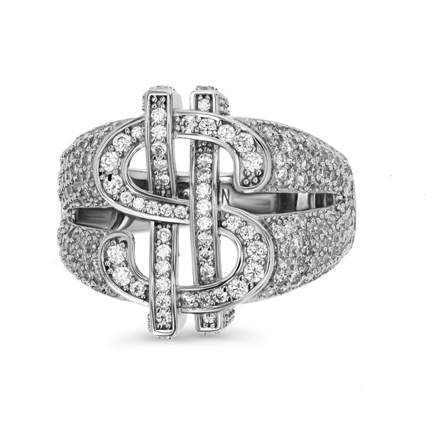 Sterling Silver and Cubic Zirconia Dollar Sign Iced Out Ring