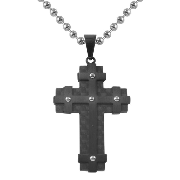 Black Stainless Steel 24" Cross with Carbon Fiber Inlay Pendant