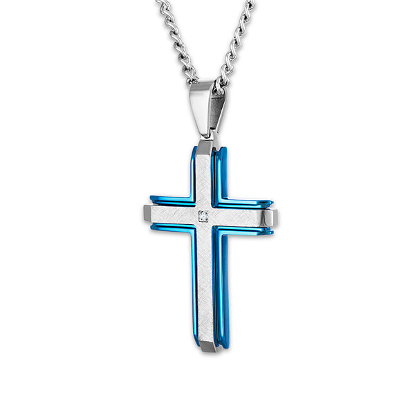 Blue Stainless Steel 1/50 CTW Diamond 60X32MM 24" Cross Pendant