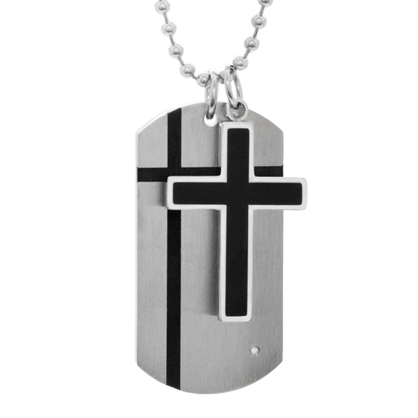 Stainless Steel Diamond Accent Cross and Dog Tag 24" Pendant