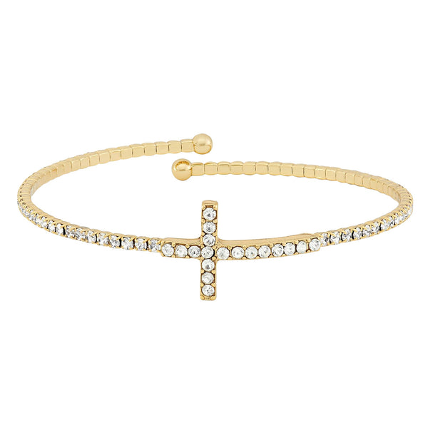 Yellow-tone Base Metal Round Crystal Cross Bangle Flexible Bracelet