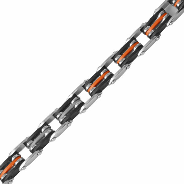 Stainless Steel 8.5" Black/Orange Rubber Link Bracelet