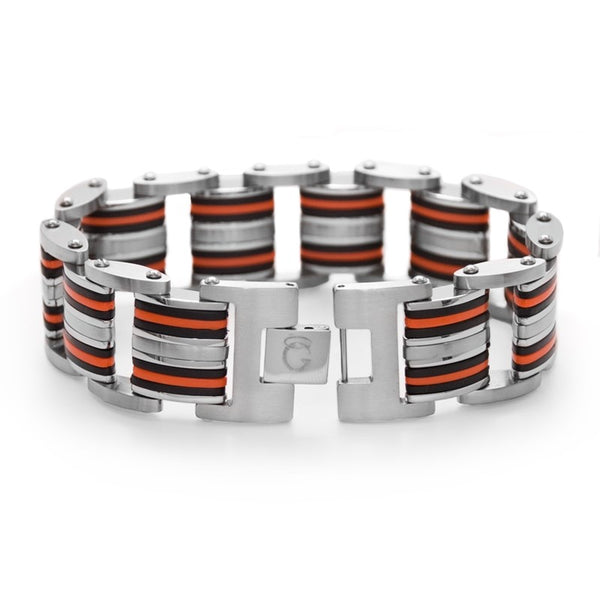 Stainless Steel 8.5" Orange/Black Rubber Bracelet