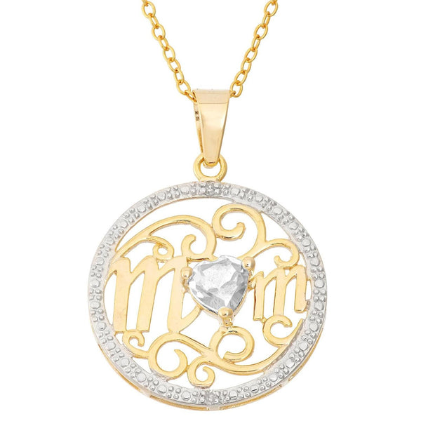 14KT Yellow Gold Plated Sterling Silver and Cubic Zirconia 18" Mom Pendant