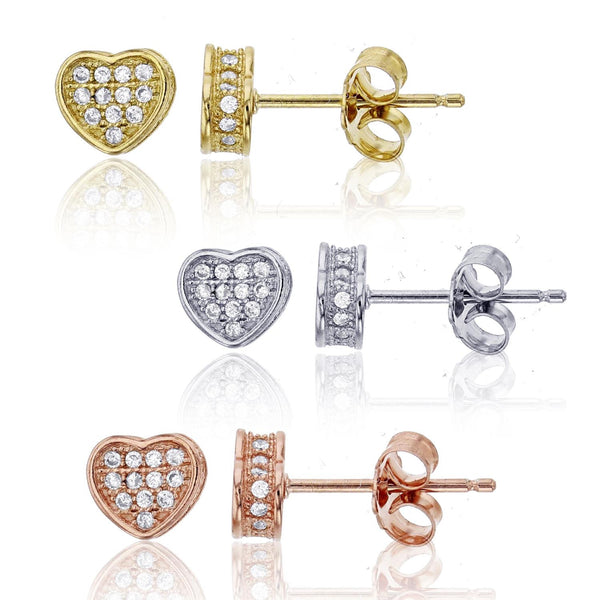 Sterling Silver and Cubic Zirconia 3-Pair Heart Stud Earrings