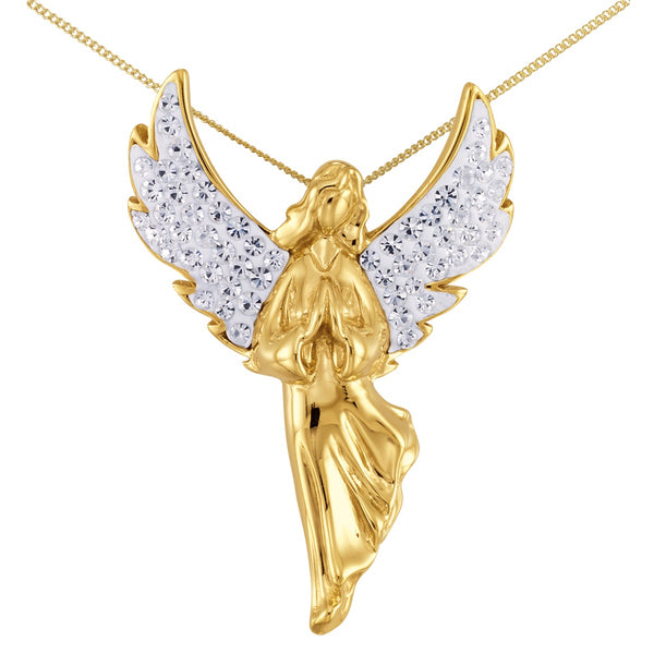 18KT Yellow Gold Plated Sterling Silver and Crystal 18" Angel Pendant