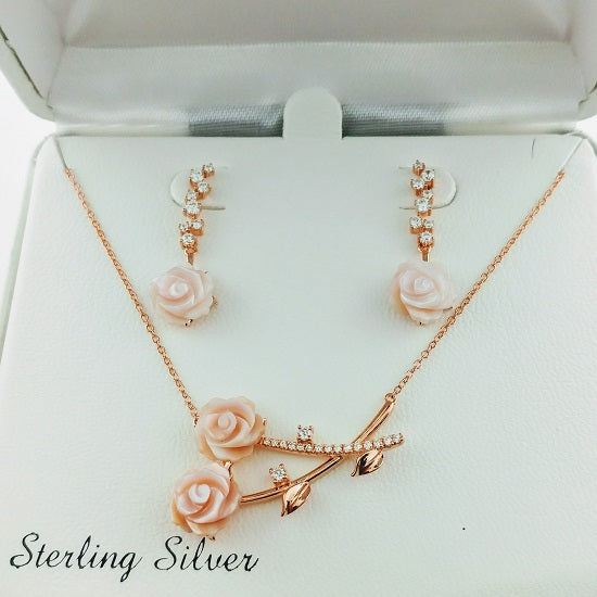 14KT Rose Gold Plated Sterling Silver Mother of Pearl and Cubic Zirconia 18" Flower 2-Piece Box Set Pendant