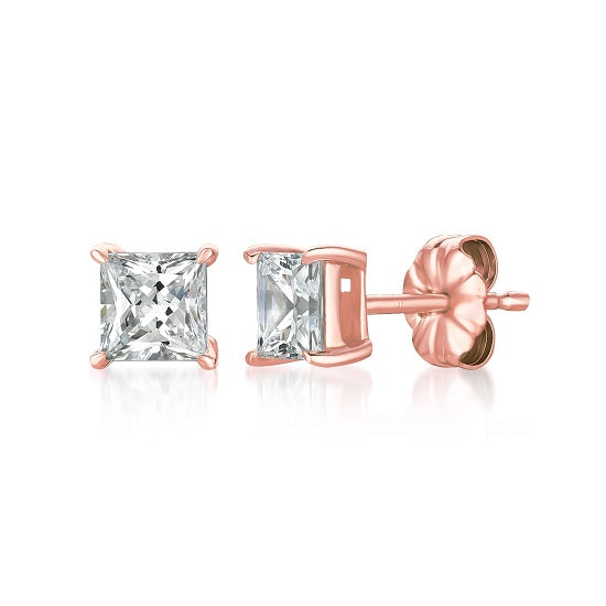 Crislu 18KT Rose Gold Plated Sterling Silver Princess Cut Cubic Zirconia Stud Earrings