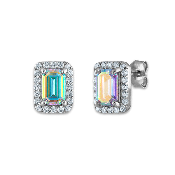 Sterling Silver 8X6MM Emerald Shape Cubic Zirconia Halo Stud Earrings