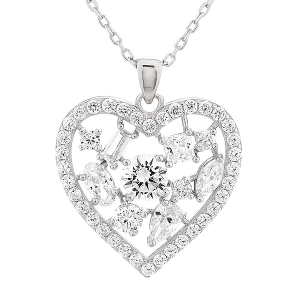 Rhodium Plated Sterling Silver Cubic Zirconia 18" Heart Pendant