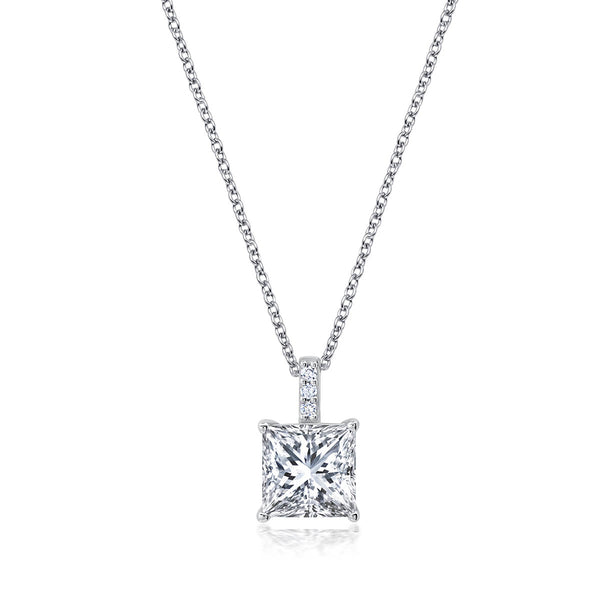 Crislu Platinum Plated Sterling Silver Princess Cut Cubic Zirconia Solitaire 16-18" Pendant