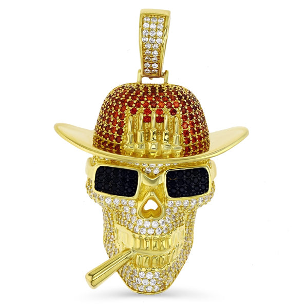 Luxe Layers 14KT Yellow Gold Plated Sterling Silver Cubic Zirconia 49X33MM Gangster Skull Pendant-Chain Not Included