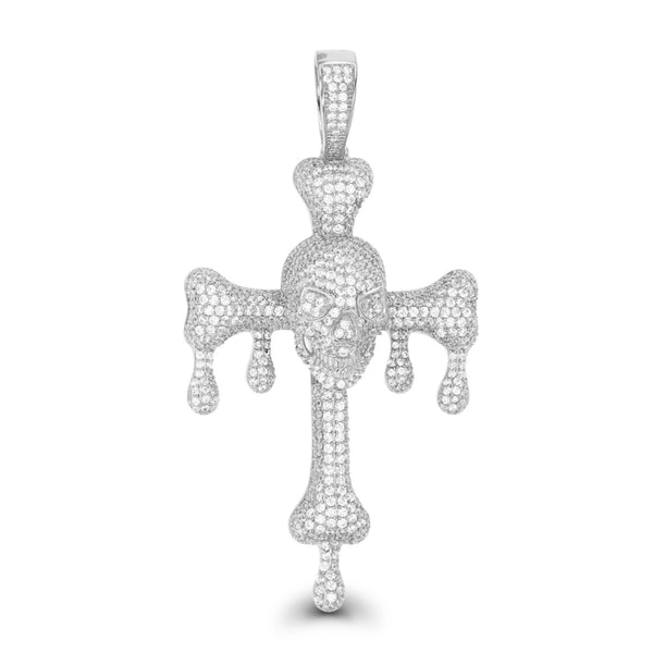 Luxe Layers Sterling Silver Cubic Zirconia 76X39MM Cross With Drips & Skull Pendant-Chain Not Included