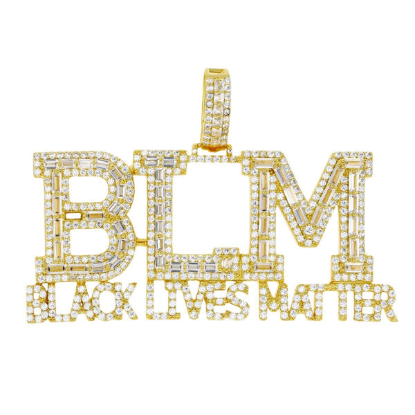 Luxe Layers 14KT Yellow Gold Plated Sterling Silver Cubic Zirconia 52X75MM BLM "Black Lives Matter" Pendant-Chain Not Included