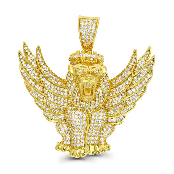 Luxe Layers 14KT Yellow Gold Plated Sterling Silver Cubic Zirconia 51X48MM Lion with Crown and Wings Pendant-Chain Not Included