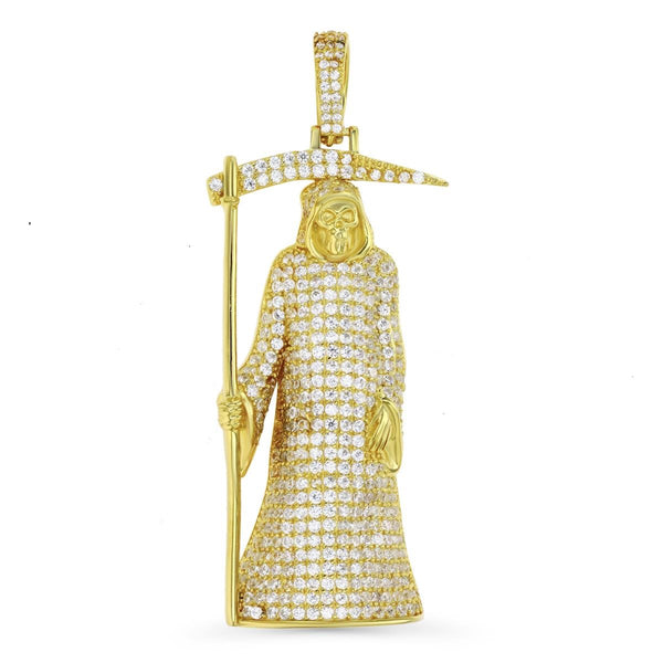 Luxe Layers 14KT Yellow Gold Plated Sterling Silver Cubic Zirconia 58X23MM Grim Reaper Pendant-Chain Not Included