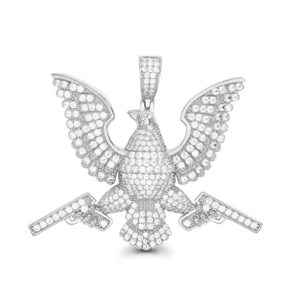 Luxe Layers Sterling Silver Cubic Zirconia 42X51MM Eagle with Guns Pendant-Chain Not Included