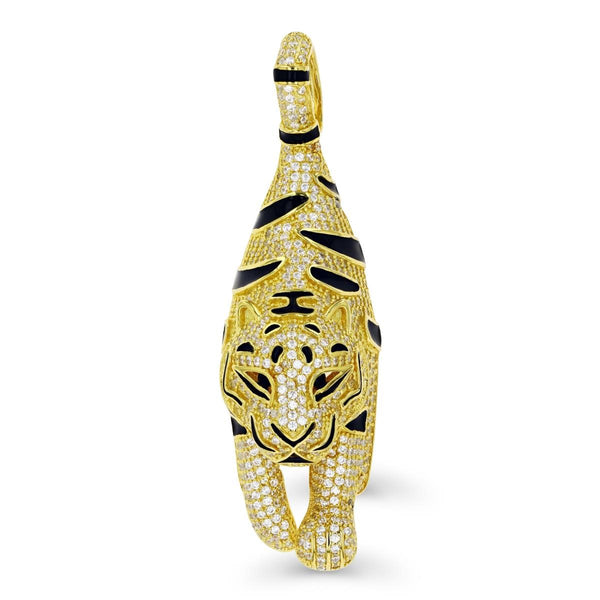 Luxe Layers 14KT Yellow Gold Plated Sterling Silver Cubic Zirconia 63X19MM Black Enamel Tiger Pendant-Chain Not Included