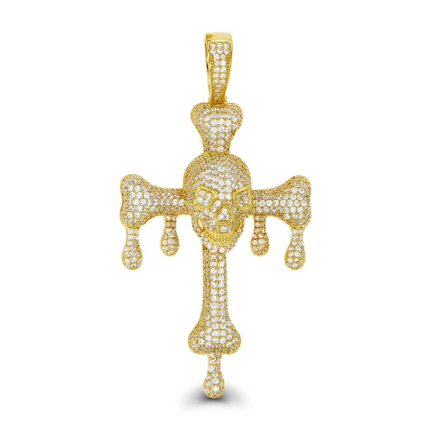 Luxe Layers 14KT Yellow Gold Plated Sterling Silver Cubic Zirconia 76X39MM Cross With Drips & Skull Pendant-Chain Not Included