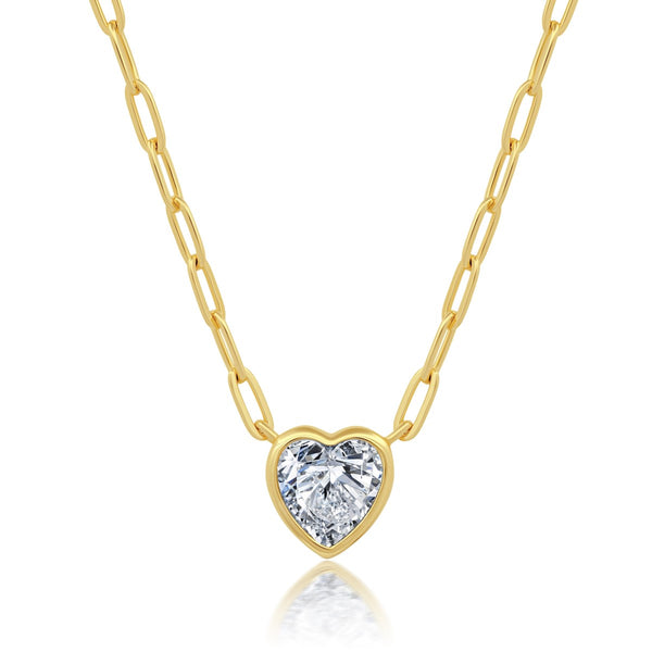 Crislu 18KT Yellow Gold Plated Sterling Silver Cubic Zirconia 18" Heart Paperclip Chain Necklace