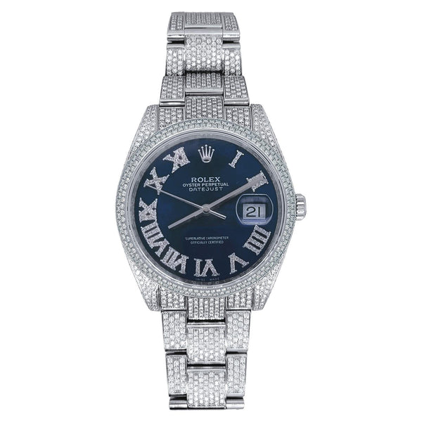 Certified Pre-Owned Rolex White Stainless Steel Oyster Perpetual Datejust with 36X36 MM Blue Diamond Dial; 116200-Iced Out