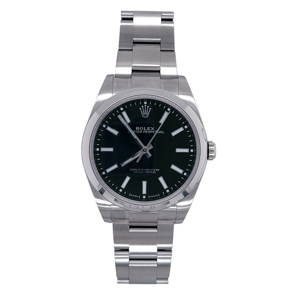 Certified Pre-Owned Rolex White Stainless Steel Oyster Perpetual with 39X39 MM Black Round Dial; 114300