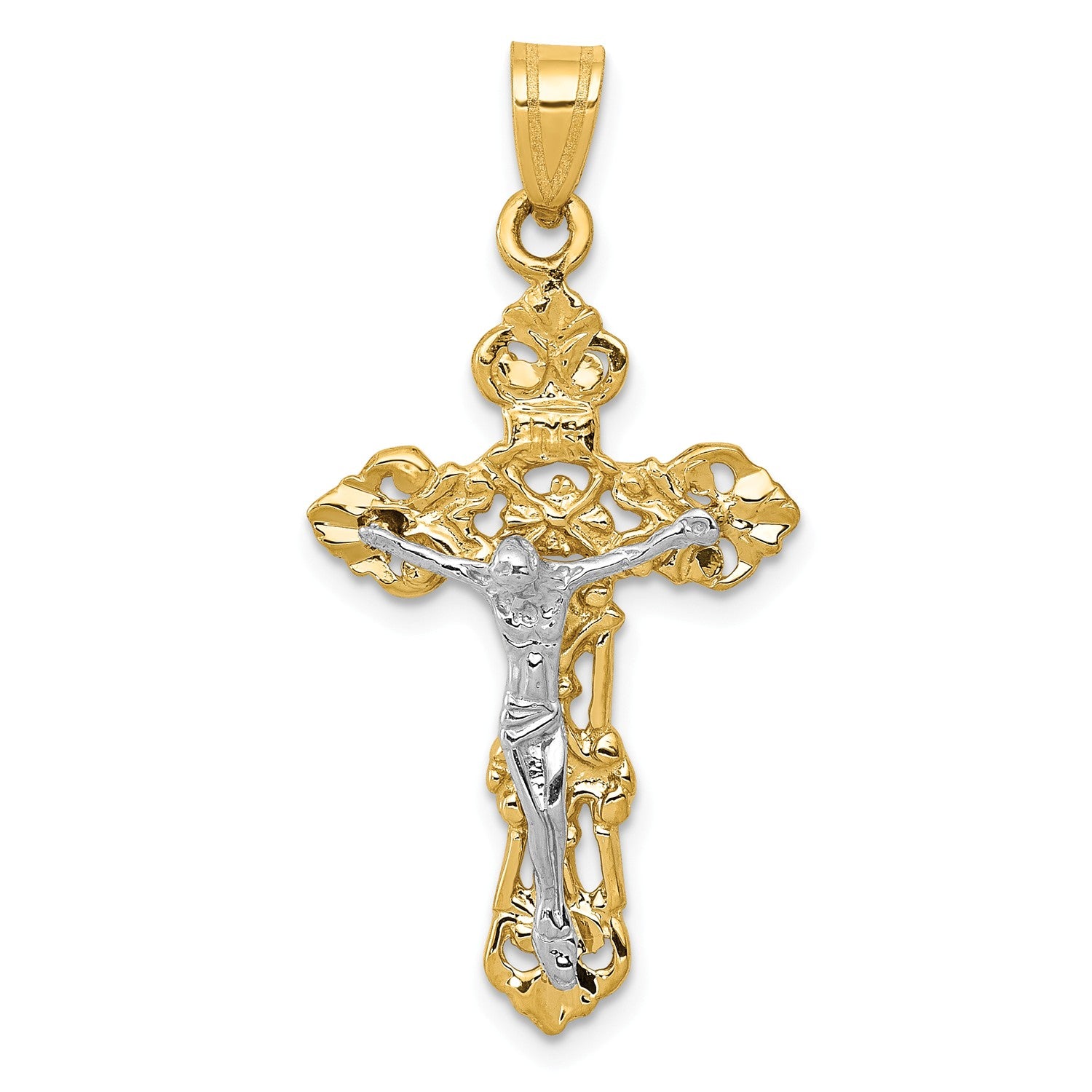 14KT White and Yellow Gold 36X18MM Fleur De Lis Crucifix Cross Pendant-Chain Not Included