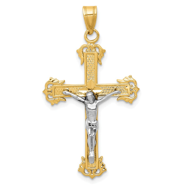 14KT White and Yellow Gold 40X22MM Diamond-cut Crucifix Cross Pendant-Chain Not Included