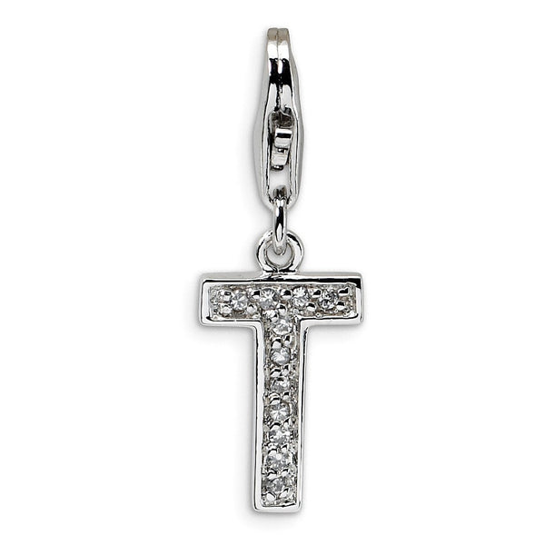 Sterling Silver RH CZ Letter T w/Lobster Clasp Charm