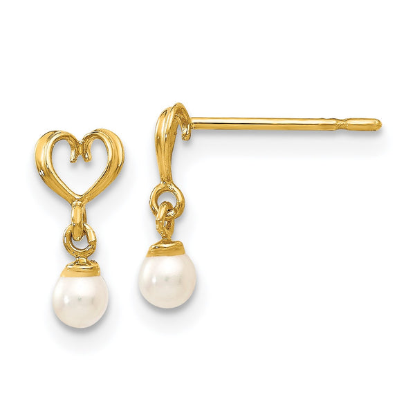 14KT Yellow Gold Pearl 9X5MM Childrens Heart Drop & Dangle Earrings