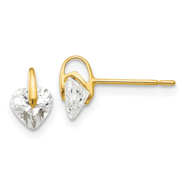 14KT Yellow Gold Cubic Zirconia 7X5MM Childrens Heart Stud Earrings