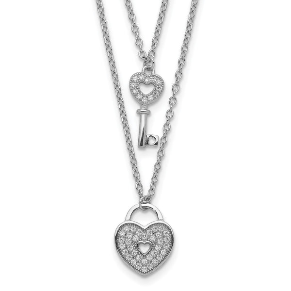 Sterling Silver Cubic Zirconia 18" Heart 2-Layer Lock and Key Necklace