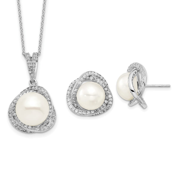 Pearl and Cubic Zirconia Pendant Earrings Set in Sterling Silver