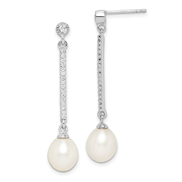 Sterling Silver 8MM Pearl and Cubic Zirconia Drop & Dangle Earrings