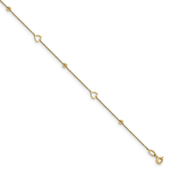 14KT Yellow Gold 10" Diamond-cut Heart Anklet