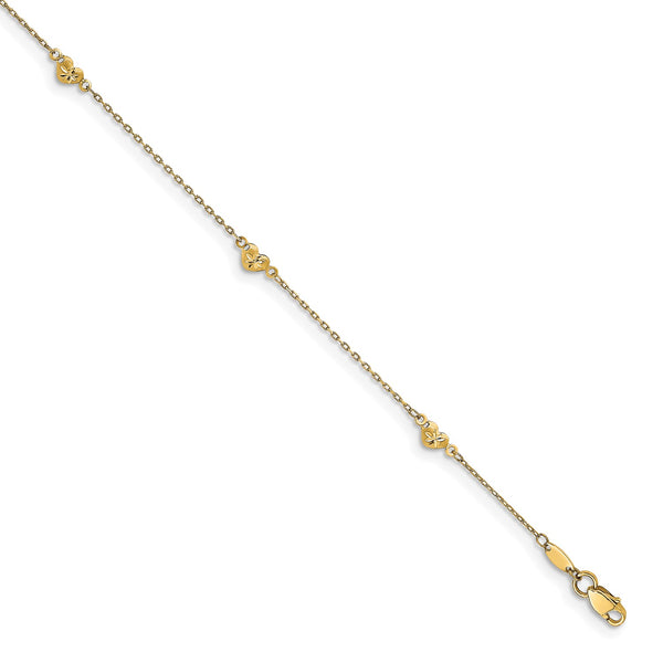 14KT Yellow Gold 9" Lobster Clasp Diamond-cut Heart Anklet