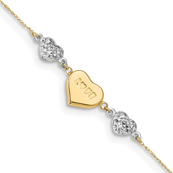 14KT White and Yellow Gold 7" Diamond-cut Heart Bracelet