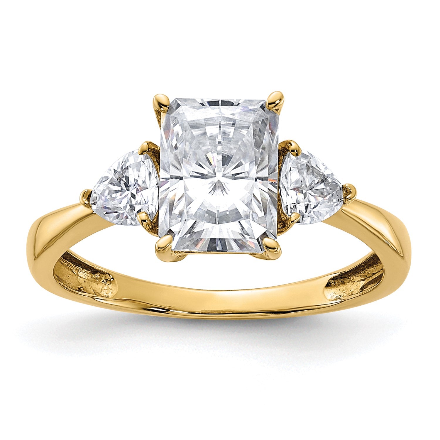 8X6MM Princess Cut Moissanite and Moissanite Three Stone Ring in 14KT Yellow Gold; Size 7