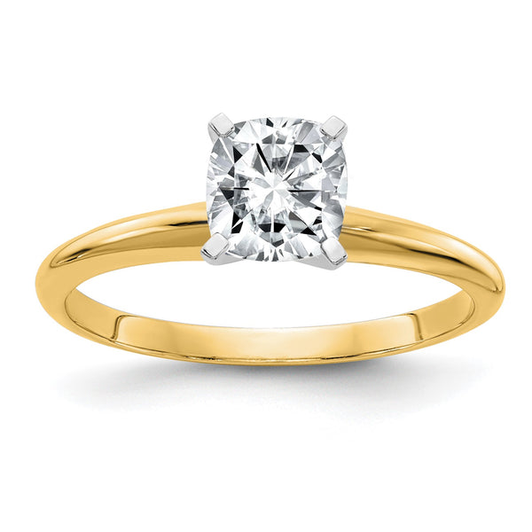 6MM Cushion Moissanite Solitaire Engagement Ring in 14KT Yellow Gold; Size 6